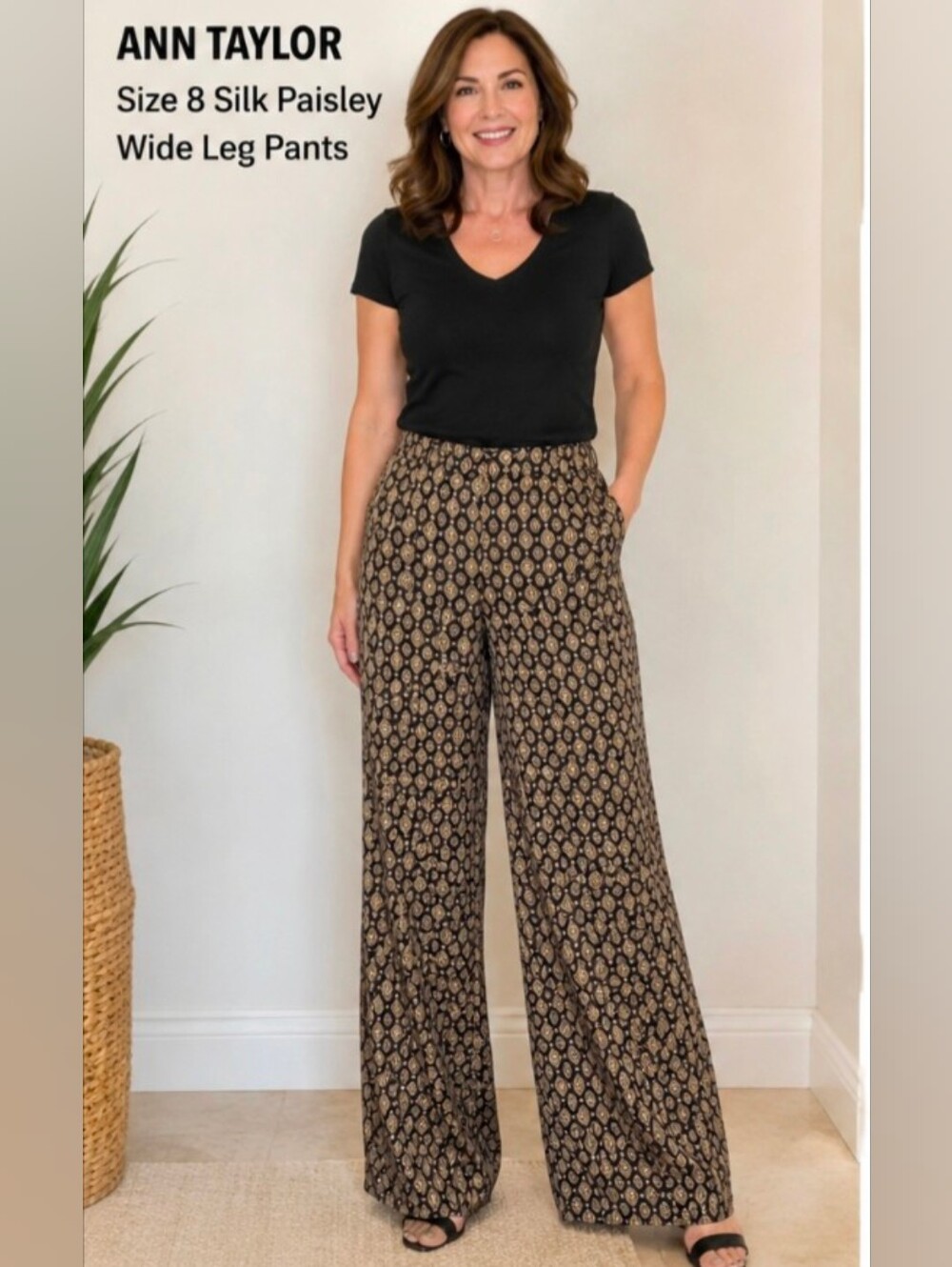 Ann Taylor 100% Silk Wide-Leg Paisley Pants Size 8 Black & Gold Gorgeous Ann Tay